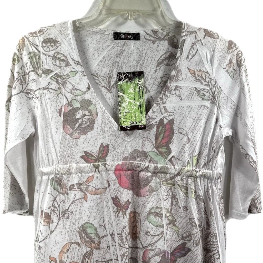Shorty's Women Junior Top White Pink Purple Coral Green 3/4 Sleeves Size Medium